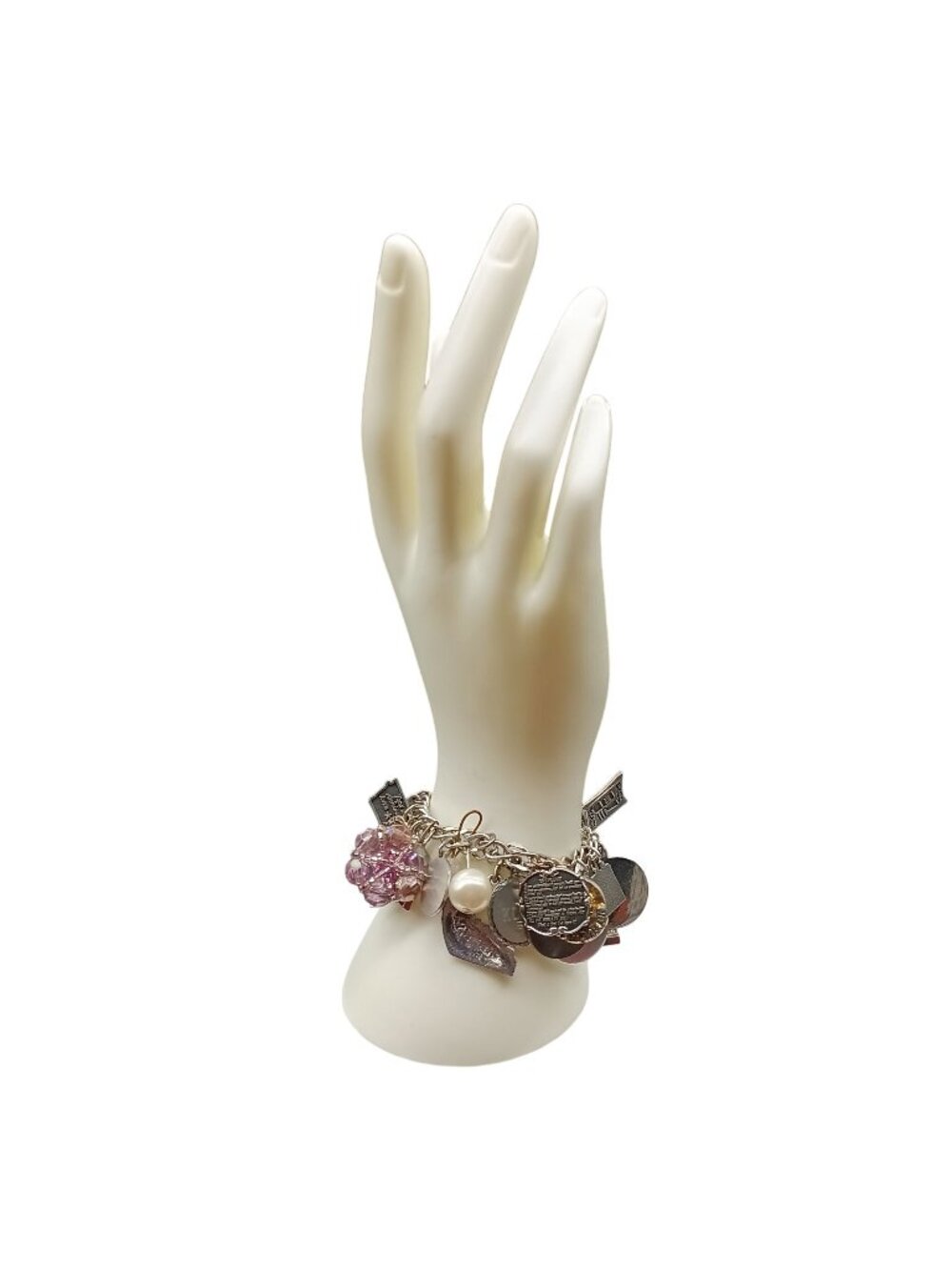 Vintage Silver Charm Bracelet With TOPS Weight Loss Memorabilia Pearl & Pink Cry
